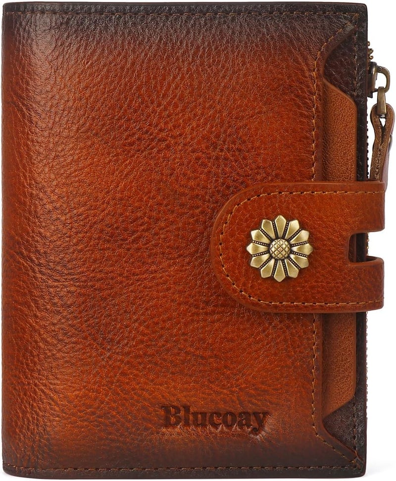 Blucoay Wallet Women,RFID Blocking Leather Womens Wallet Bifold Compact Card Holder Small Wallet for Women with Removable ID Window Brown - Image 1